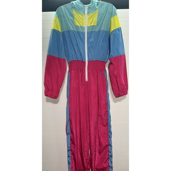 Women’s Windbreaker Jumpsuit Elastic Waistband, 80’s Colorful Zipper Size XL - Picture 2 of 5